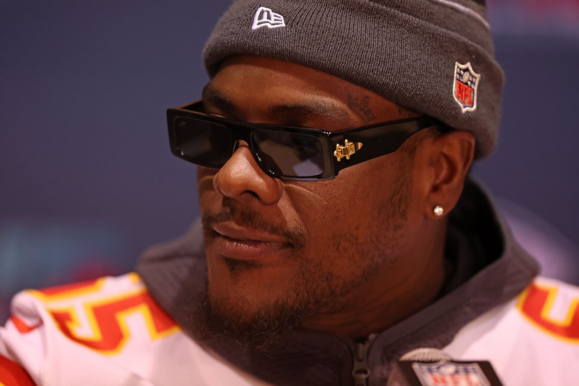 Frank Clark of the Kansas City Chiefs speaks to the media